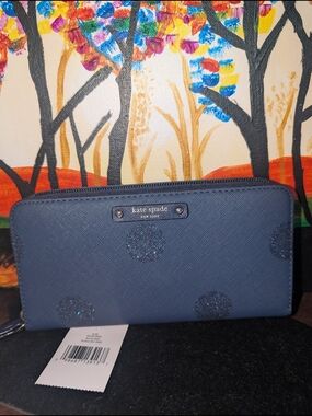 NWT kate spade navy zip-around wallet with glitter dot accents